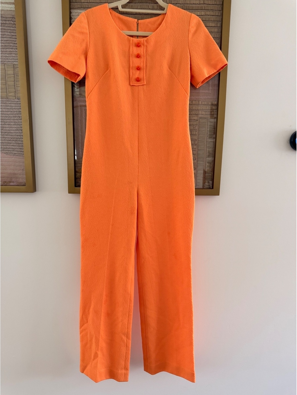 Orange Short Sleeve Textured Jumpsuit with Button Detail and Back Zipper - Size: